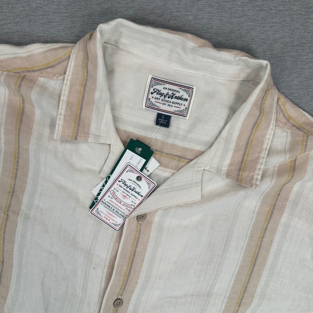 Flag & Anthem Palmer Linen Shirt Mens L Camp Collar Off-White Striped NEW